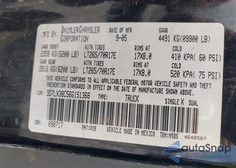 2006 Dodge Ram 3500 Slt/Trx4 Off Road/Sport z USA, uszkodzony, nr VIN 3D7LX38C56G151368
